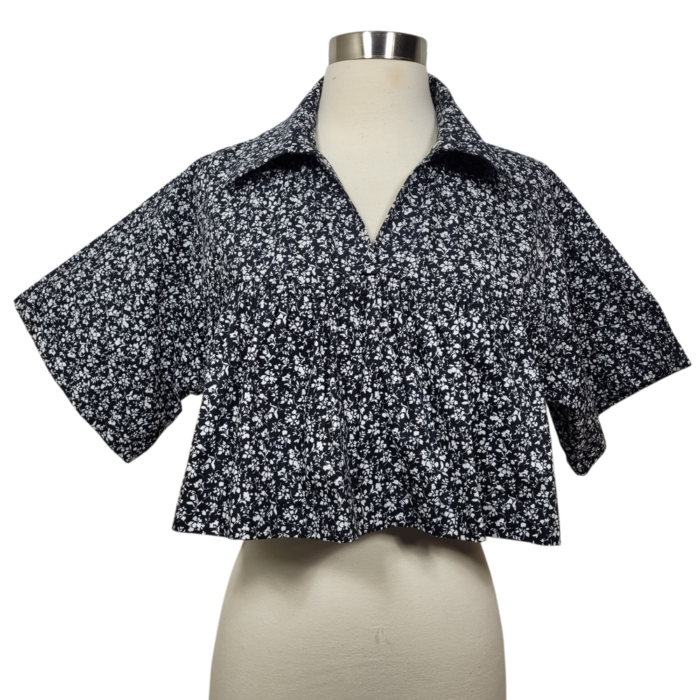 Zara Black White Floral Ditsy Collared Cotton Crop Top Shirt Size Medium - Picture 2 of 9